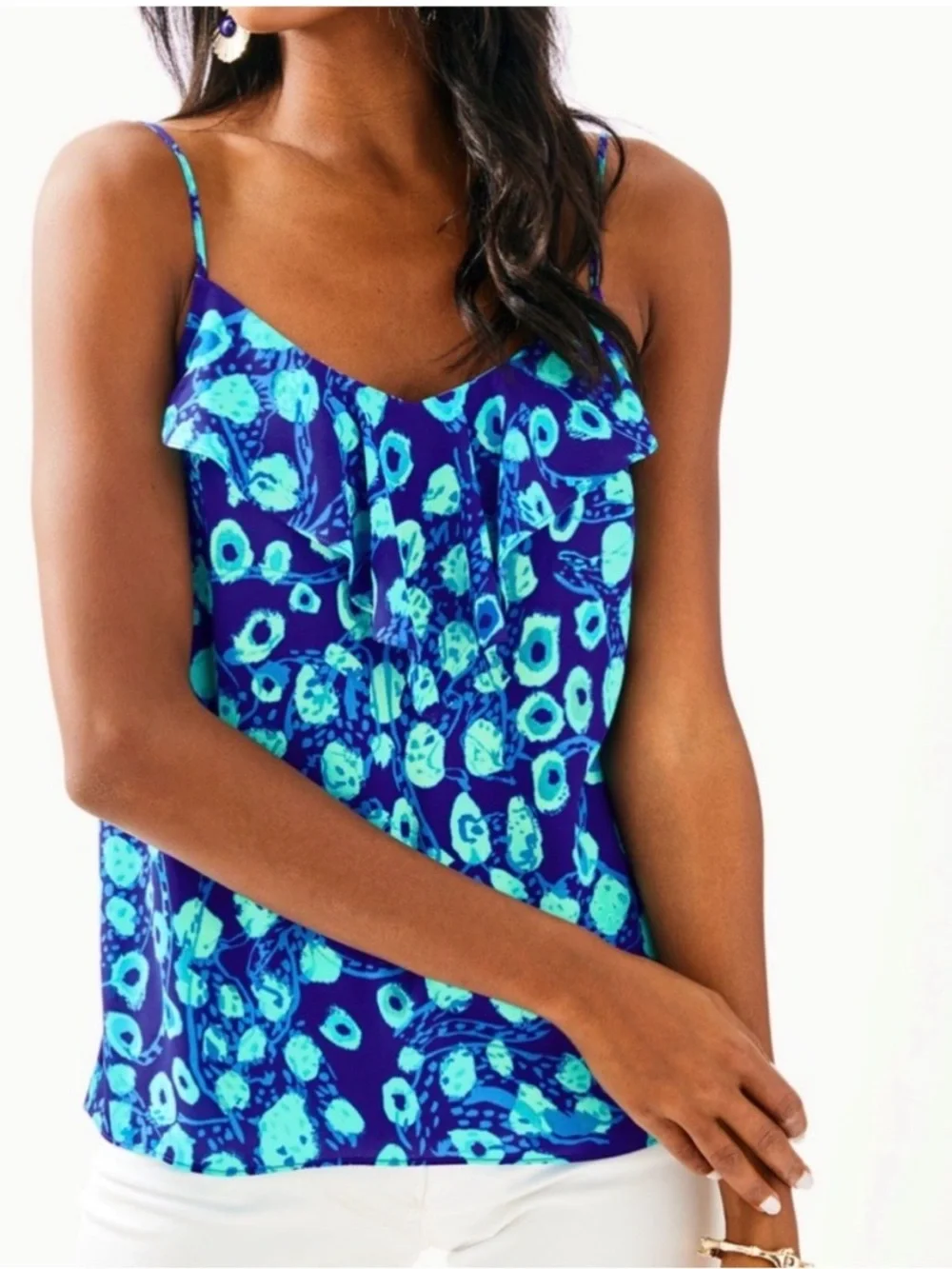 Lilly Pulitzer Karmen Blue Floral Ruffle Cami Tank Top Medium - Picture 1 of 4